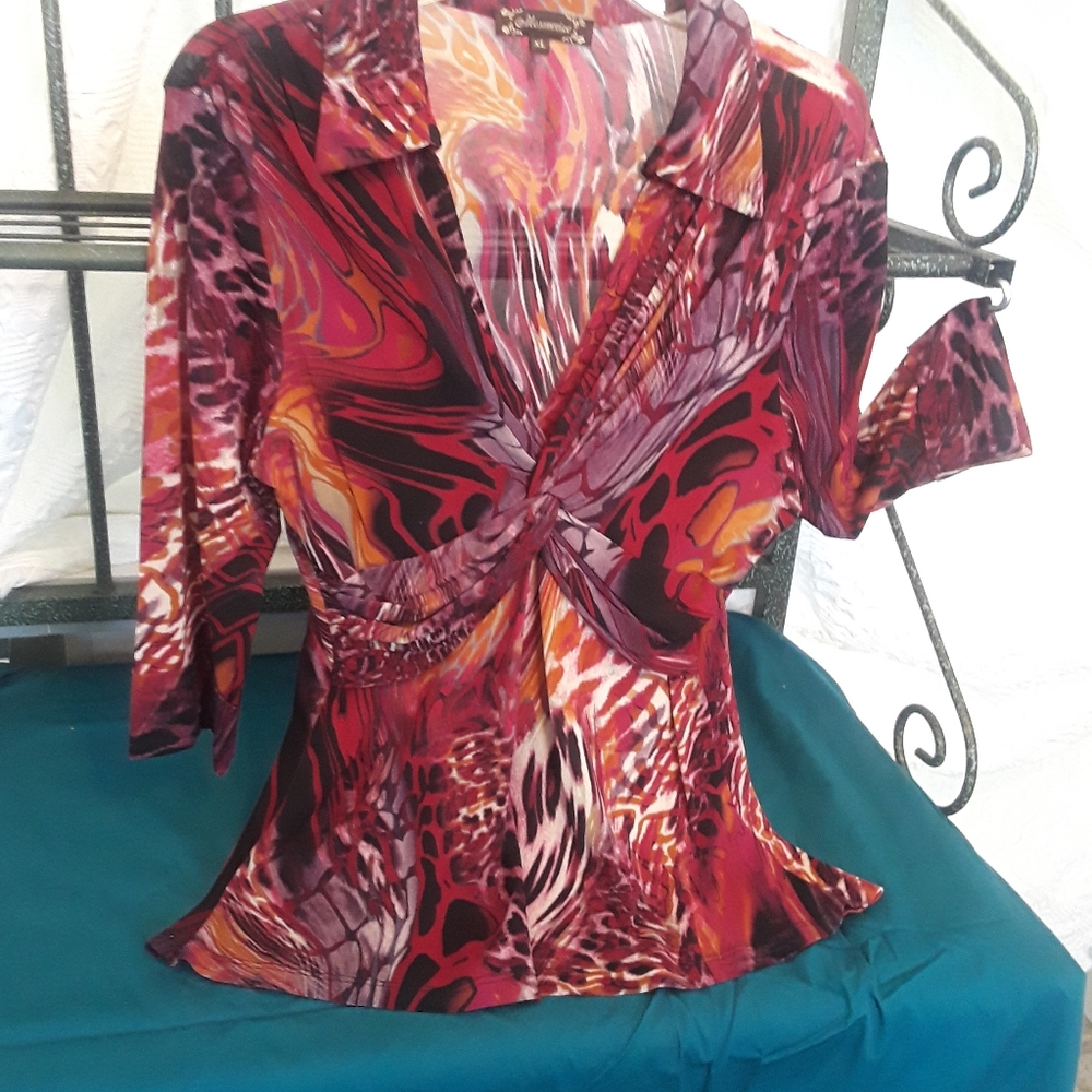 3/4 sleeve stretch V-neck multicolored blouse